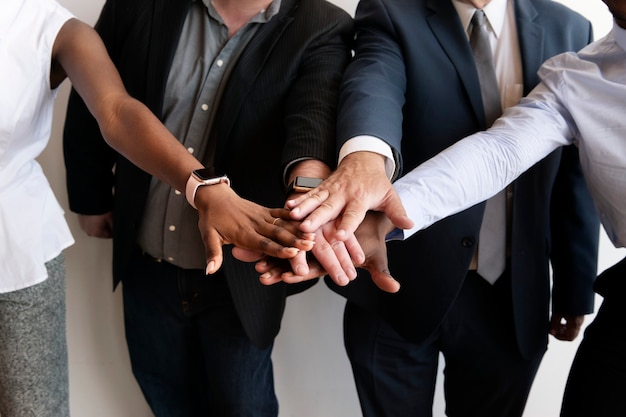 Grupo de diversas pessoas empilhando as mãos no meio