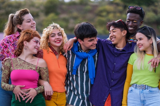 Grupo de diversidade adolescente vestido com roupas coloridas