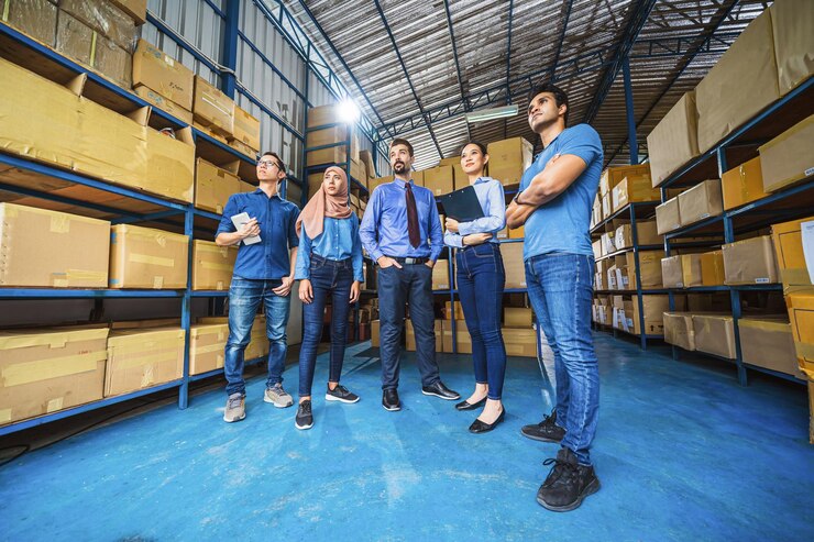 Foto grupo de diversidade trabalhador de armazém de pé e orgulhoso da equipe para a visão e alvo
