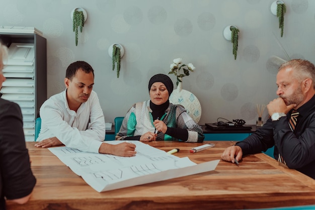 Grupo de diversidade trabalhando juntos em projeto arquitetônico no interior do escritório jovens designers gráficos criativos masculinos e femininos colaborando durante o brainstorming usando tecnologia moderna