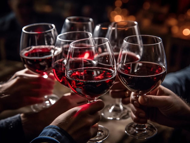 Grupo de diversos indivíduos desfrutando de vinho tinto em elegantes copos de vinho Generative AI