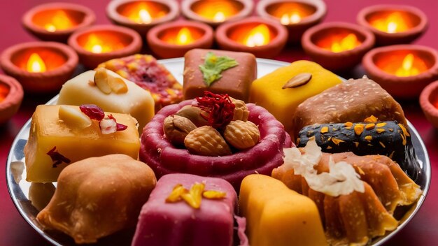 Foto grupo de doces indianos variados ou mithai com diya