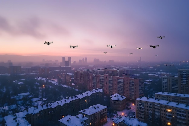 Grupo de drones sobre a cidade ao pôr-do-sol ou ao nascer do sol no inverno