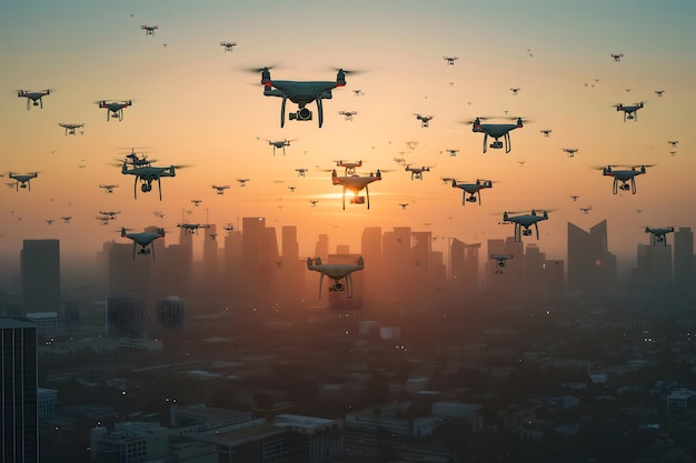 Grupo de drones sobre a cidade na manhã ou à noite de verão