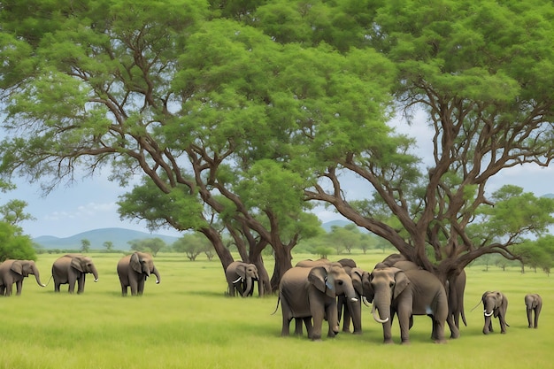 Grupo de elefantes sob a grande árvore verde no deserto