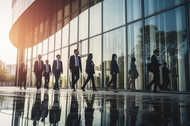 Grupo de empresários andando do lado de fora em frente ao prédio de escritórios com fundo desfocado