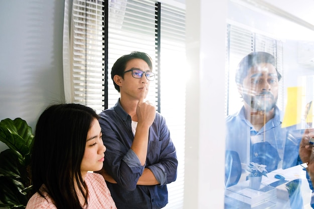 Grupo de empresários asiáticos bem-sucedidos, trabalho em equipe, reunião de brainstorming com notas de papel adesivas na parede de vidro para novas ideias, usando metodologia ágil para negócios em um escritório de inicialização de tecnologia