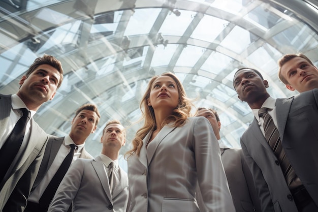 Grupo de empresários bem-sucedidos posando em um edifício de vidro com ângulo baixo