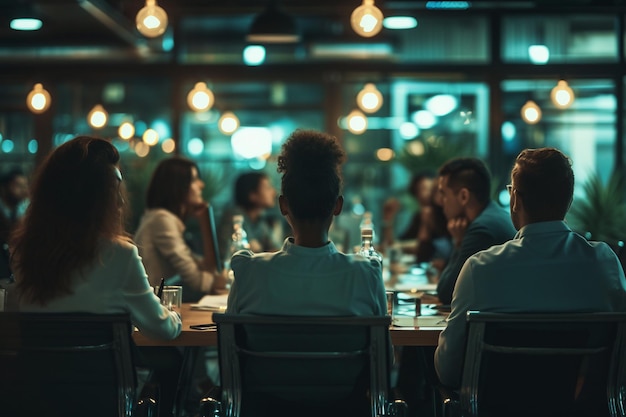 Grupo de empresários em uma reunião à noite em um escritório moderno com IA gerada