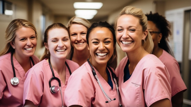 Foto grupo de enfermeiras diversas sorrindo e posando para uma foto em um corredor do hospital
