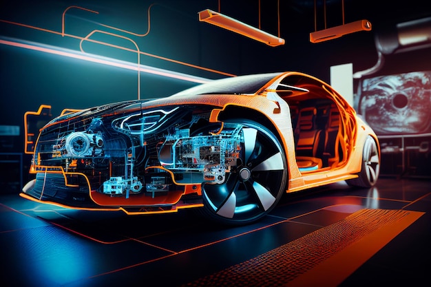 Grupo de engenheiros de design de automóveis trabalhando em protótipo de modelo 3D de realidade virtual de chassi de carro elétrico. Instalação de Inovação Automotiva: Conceito de Veículo 3D Gerado com Software CAD 3D. generativo