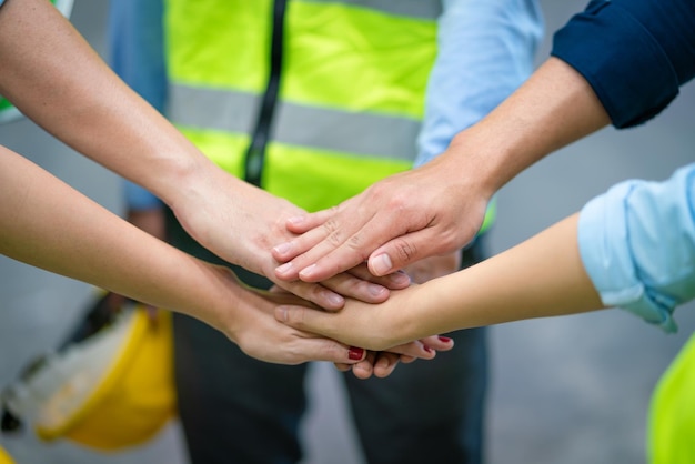 Grupo de engenheiros e trabalhadores juntam as mãos para trabalho em equipe na fábrica de armazém