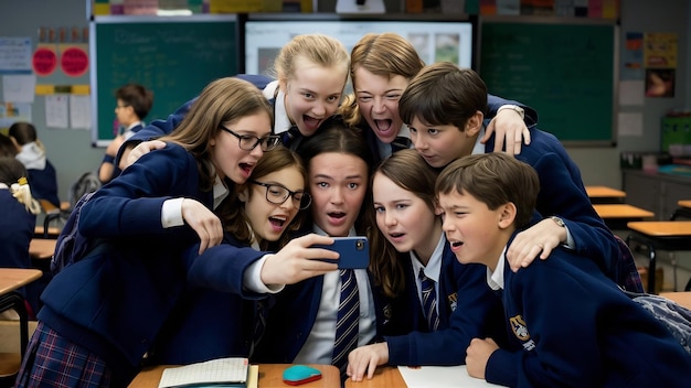 Grupo de escolares tirando uma selfie na sala de aula