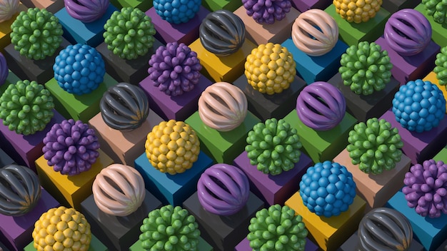 Grupo de esferas abstratas bege cinzentas roxas azuis verdes amarelas Ilustração colorida 3d render