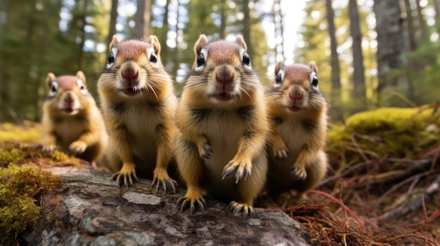 Grupo de esquilos engraçados na natureza