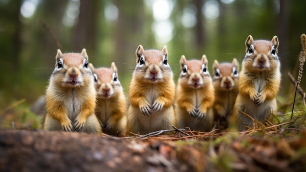 Grupo de esquilos engraçados na natureza