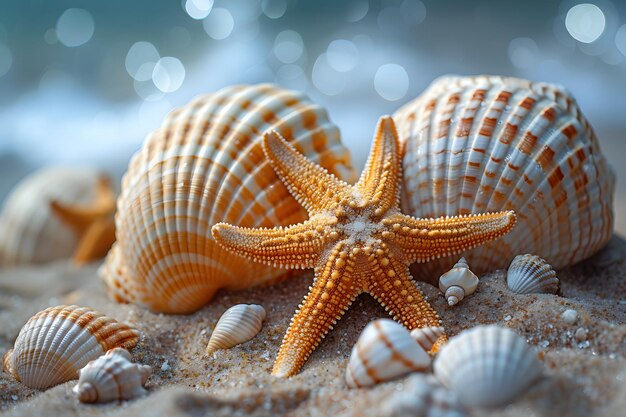 Grupo de estrelas-do-mar e conchas na praia de Sandy