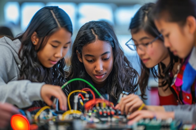Grupo de estudantes adolescentes diversos aprendendo juntos a construir circuitos eletrônicos em uma escola secundária na Ásia
