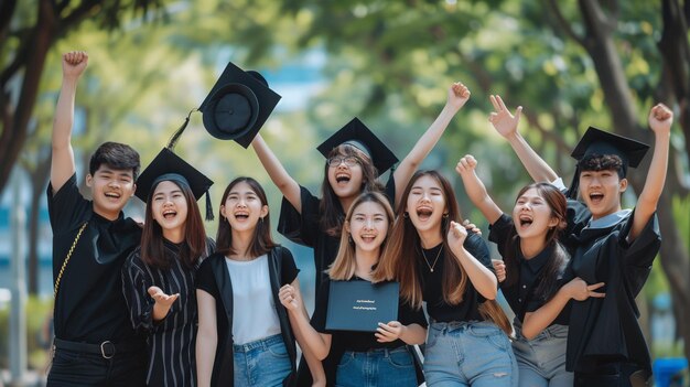 Grupo de estudantes alegres jogando chapéus de formatura no ar celebrando