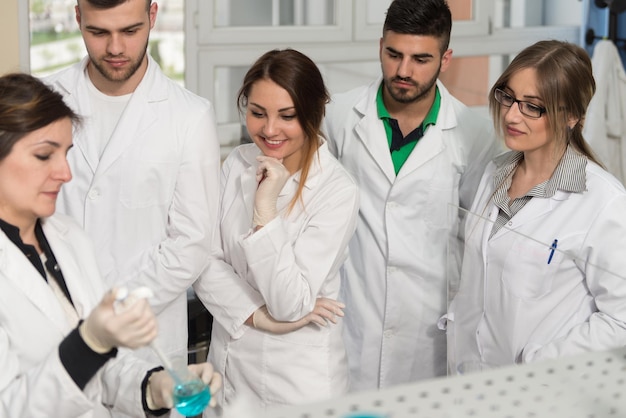 Grupo de estudantes Cientistas realizando pesquisa com professor em um ambiente de laboratório Lições de aprendizagem em sala de aula Obtenha ajuda e suporte