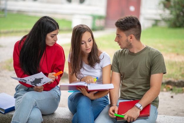 Grupo de estudantes estudando ao ar livre em um parque