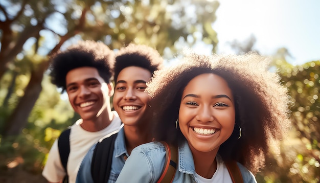 Grupo de estudantes felizes no parque mês da história negra