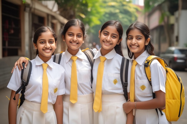 Grupo de estudantes indianos vestindo uniforme branco e amarelo e juntos