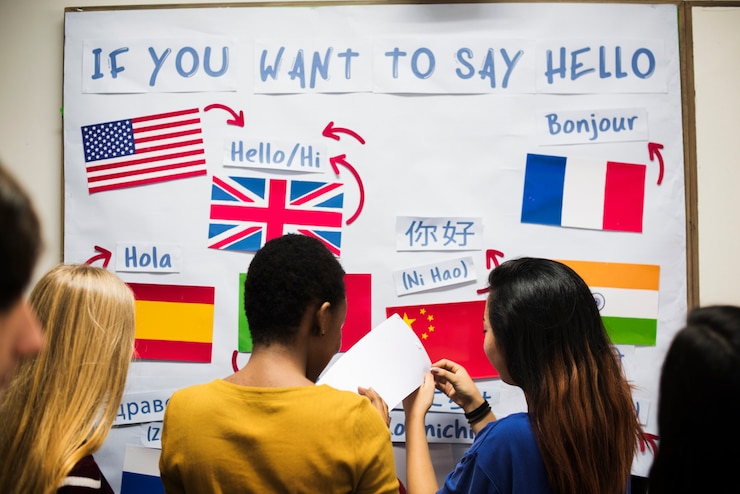 Foto grupo de estudantes na exibição de idiomas
