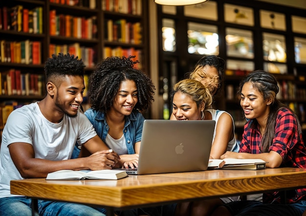 Grupo de estudantes sentados na biblioteca e usando computador portátil Grupo multiétnico de estudantes