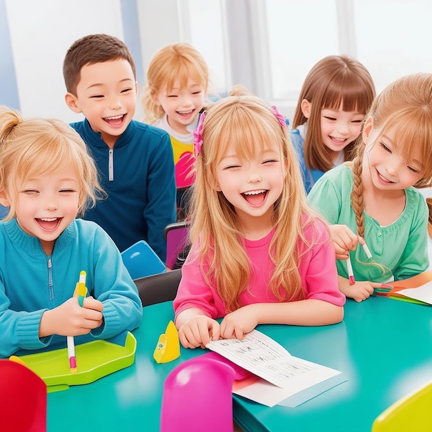 Grupo de estudantes sorridentes diferentes artigos de papelaria estudando na volta às aulas imagem colorida de crianças