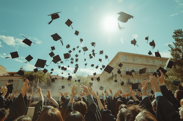 Grupo de estudantes universitários em vestidos pretos jogando seus chapéus no ar