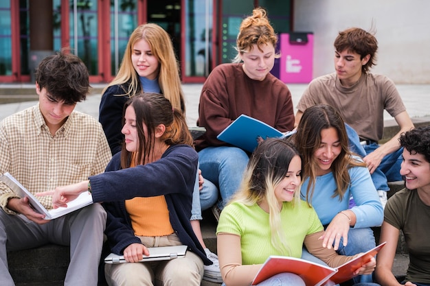 Grupo de estudantes universitários sentados na porta da biblioteca, compartilhando notas, compartilhamento de amizade de Estudos de Conceito