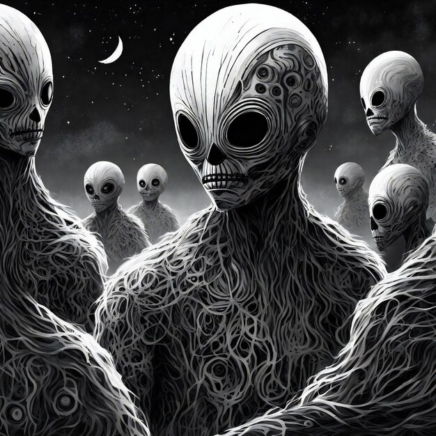 Grupo de fantasia alienígena preto e branco