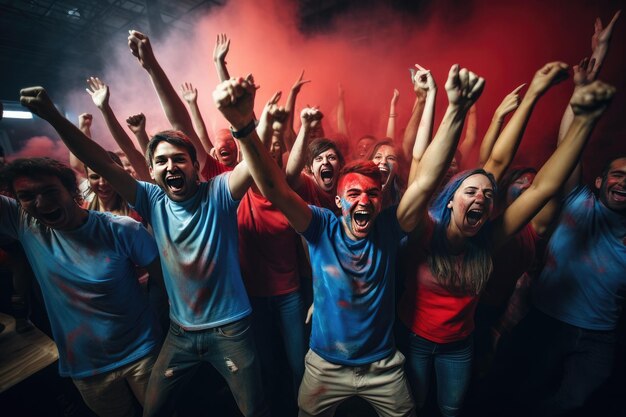 Foto grupo de fãs de futebol está torcendo pela vitória do time camiseta colorida generativa ai