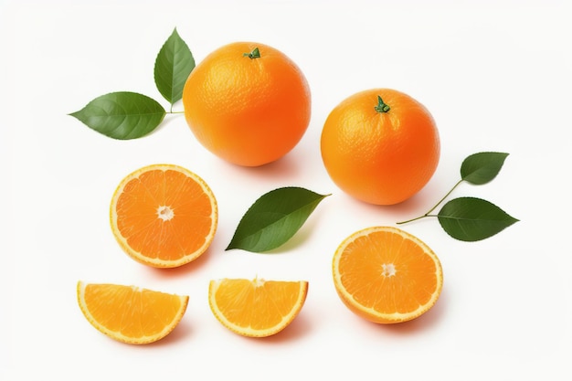 Grupo de fatias inteiras de frutas frescas de laranja isoladas em fundo branco Generative AI