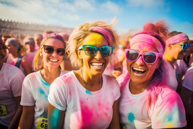 Foto grupo de felizes mulheres pintadas em corrida de cores