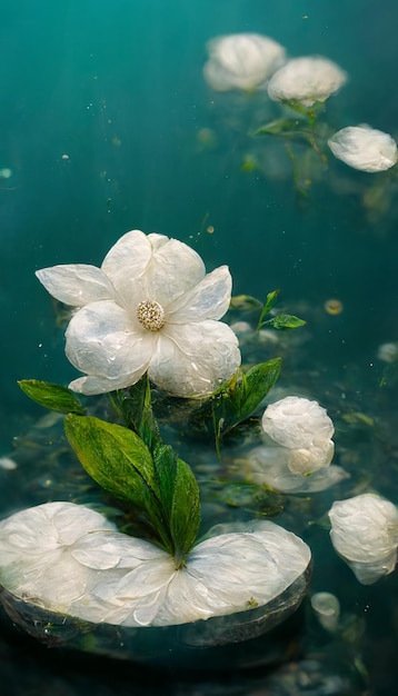 Grupo de flores brancas flutuando em cima de um corpo de água generativa ai