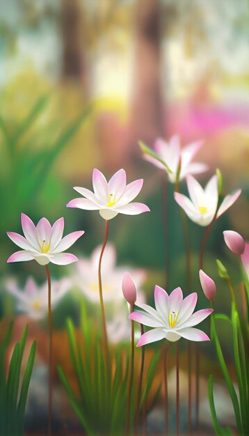 Grupo de flores cor de rosa sentado em cima de um campo verde exuberante ai generativo