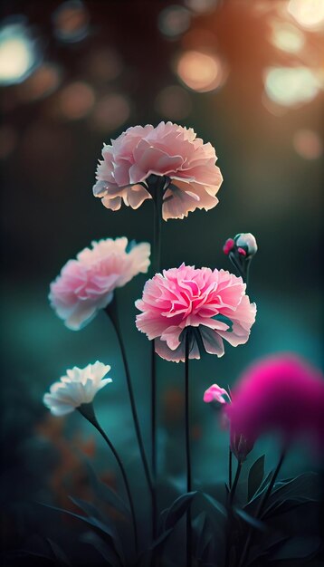 Grupo de flores cor de rosa sentado em cima de um campo verde exuberante ai generativo