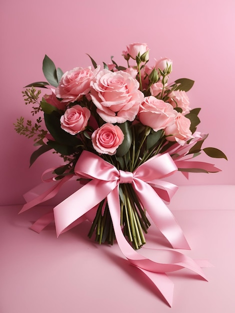 Grupo de flores de cor rosa e branca em estilo buquê com fita rosa