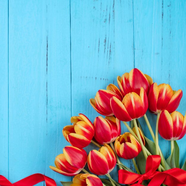 Grupo de flores de tulipa Conceito de Design do Dia das Mães Lindo buquê amarelo vermelho isolado em fundo azul de madeira vista superior espaço de cópia plana leiga