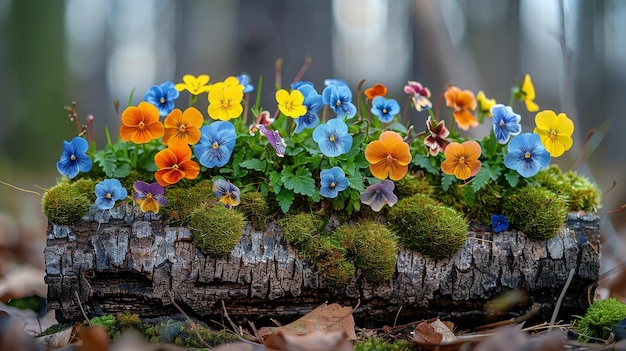 Foto grupo de flores em um tronco
