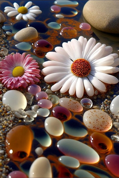 Grupo de flores flutuando em cima de um corpo de água generativa ai
