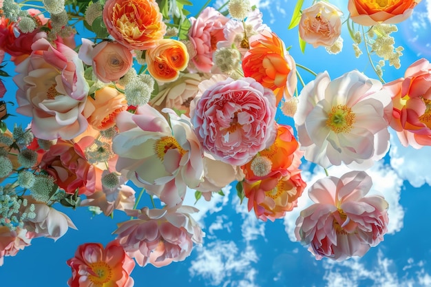 Grupo de flores peônias rosas jasmine papoulas no espelho com o céu azul em reflexo