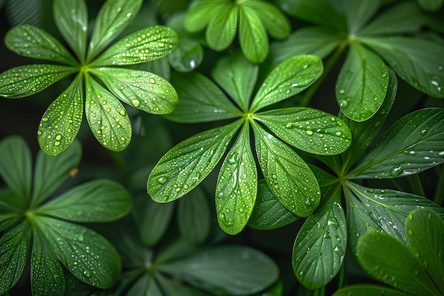 Grupo de folhas verdes com gotas de água