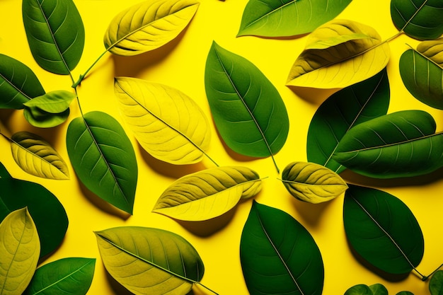 Grupo de folhas verdes sobre fundo amarelo com folhas verdes sobre ele Generative AI