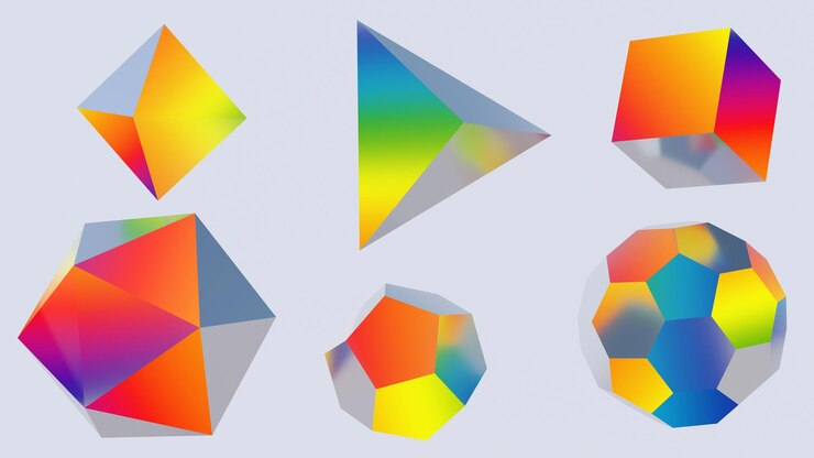 Foto grupo de formas geométricas coloridas brilhantes. ilustração abstrata, renderização 3d.