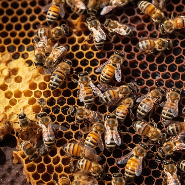 Grupo de fotografia de abelhas no favo de mel produzindo mel generativo ai