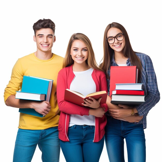 Grupo de fotos de estudantes universitários, estudantes amigos com itens educacionais