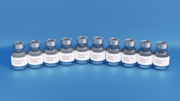 Grupo de frascos de vacina COVID19 contém líquido transparente em linha curva em fundo azul 3d